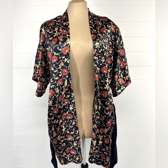 Vintage Fredericks of Hollywood Navy Blue Gold red Floral Satin short Robe Sz L - Picture 2 of 8